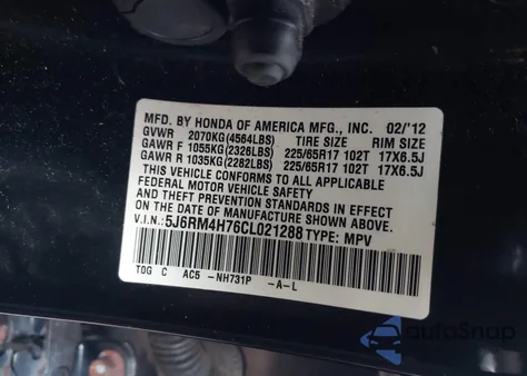 2012 Honda Cr-V Ex-L z USA, uszkodzony, nr VIN 5J6RM4H76CL021288